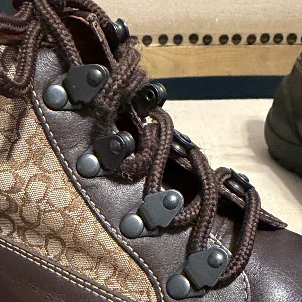 Coach “Dianne” Brown and Black Monogram Lace-Up Boots, Size 8M - Picture 9 of 12
